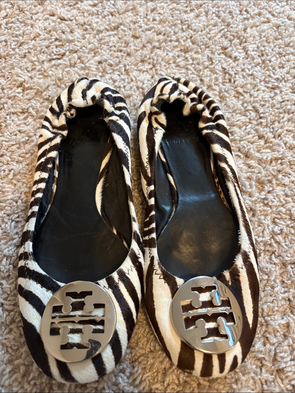 Tory Burch Black & White Zebra-Print Reva Ballet Flats